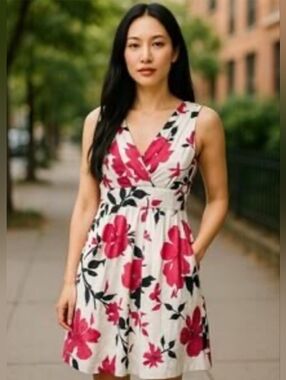 Corey P. Sleeveless V-Neck White, Pink and Black Floral Print A-Line Dress